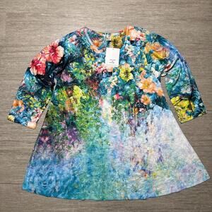 Et'Lois Floral Tunic Top Blouse NWT Lowa Blue Women's M USA Long Sleeve Colorful